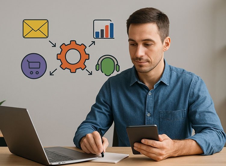 Homem empreendedor planejando Automações para pequenas empresas