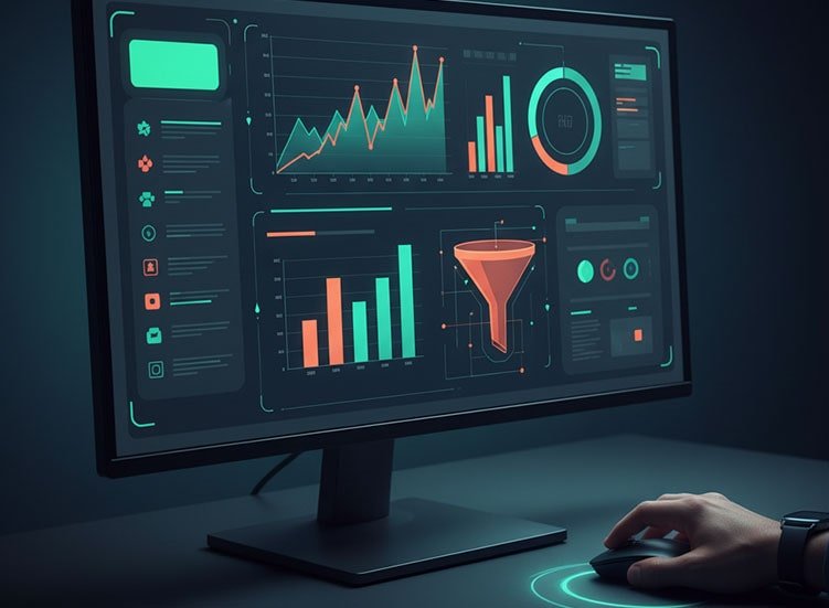 Visão de um painel de controle de ferramentas de IA para automação de Marketing Digital, mostrando a facilidade de gerenciamento de dados e campanhas.