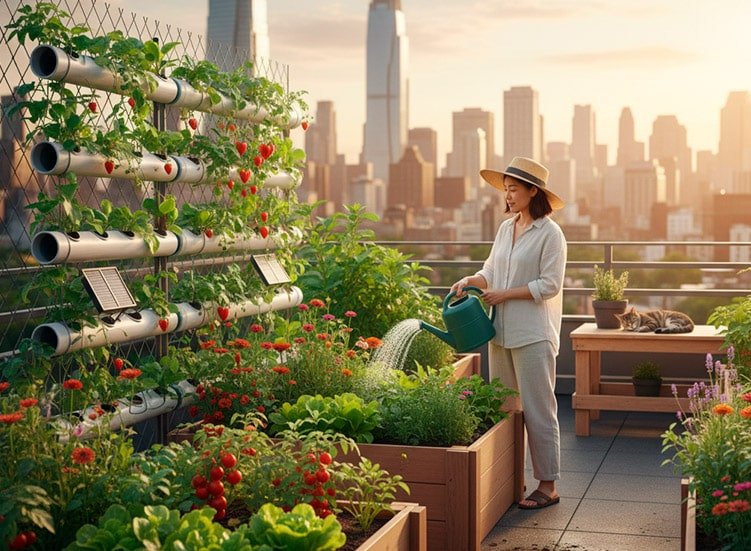 A sustainable vertical garden on an apartment balcony, representing one of the creative hobbies for city dwellers.