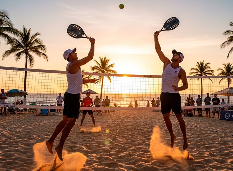 Dois homens jogando beach tennis em uma quadra de areia ao pôr do sol, um dos hobbies criativos e esportivos em alta.