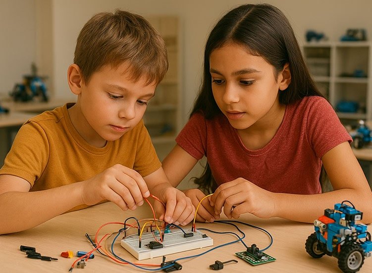 Programação e Robótica para Crianças com Duas crianças colaborando para montar um kit de robótica representando trabalho em equipe.