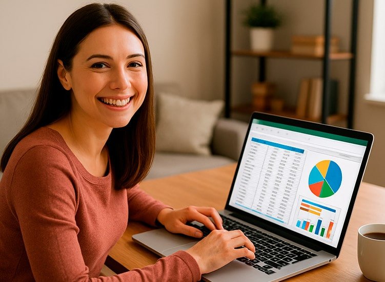 Mulher jovem e feliz, por vender suas Planilhas online
