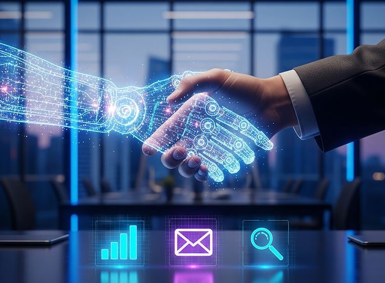 Representação visual da colaboração entre a inteligência humana e ferramentas de IA para automação de Marketing Digital