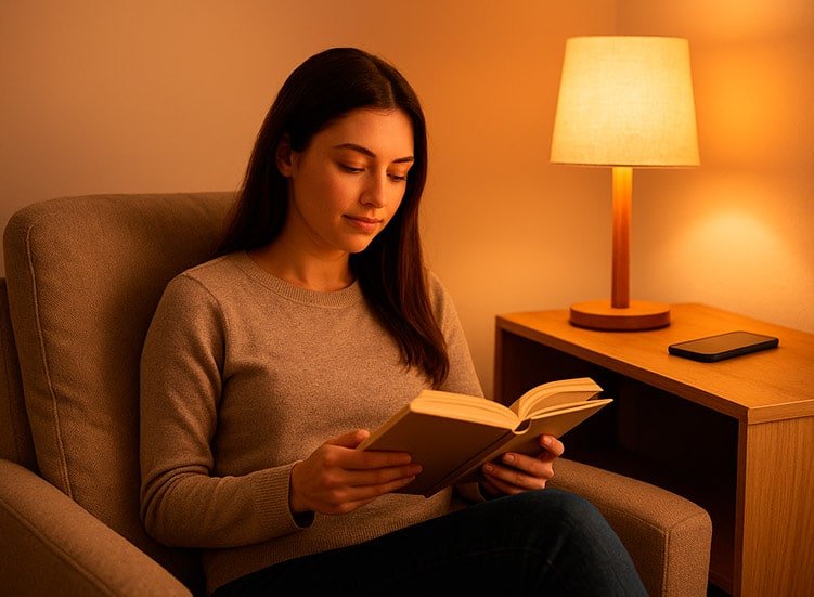 Mulher lendo livro físico em poltrona fazendo desintoxicação digital