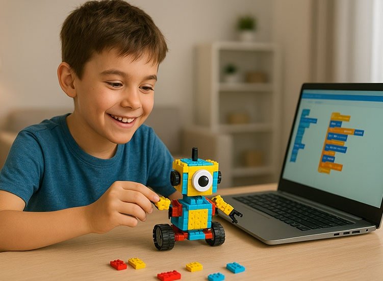 Programação e Robótica para Crianças com uma criança montando um kit de robótica
