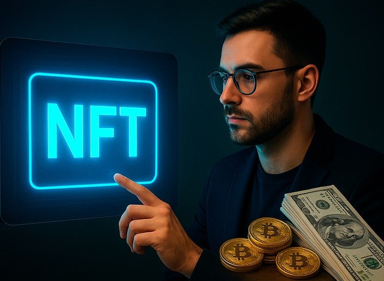 Homem jovem com barba e óculos interage com um painel digital de NFTs, com moedas de Bitcoin e notas de dólar à frente, representando ganhos financeiros ligados ao mercado digital.