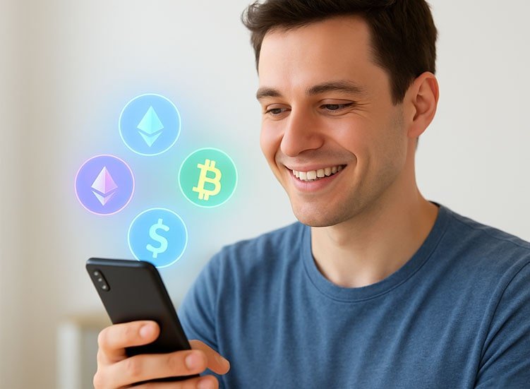 Homem sorridente usando smartphone com hologramas digitais de moedas, representando como investir em criptomoedas de forma moderna e acessível.