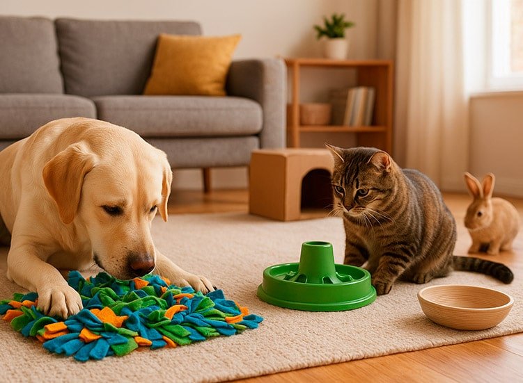 Cão, gato e coelho brincando com brinquedos interativos em uma sala iluminada, representando atividades de estímulos mentais para pets.