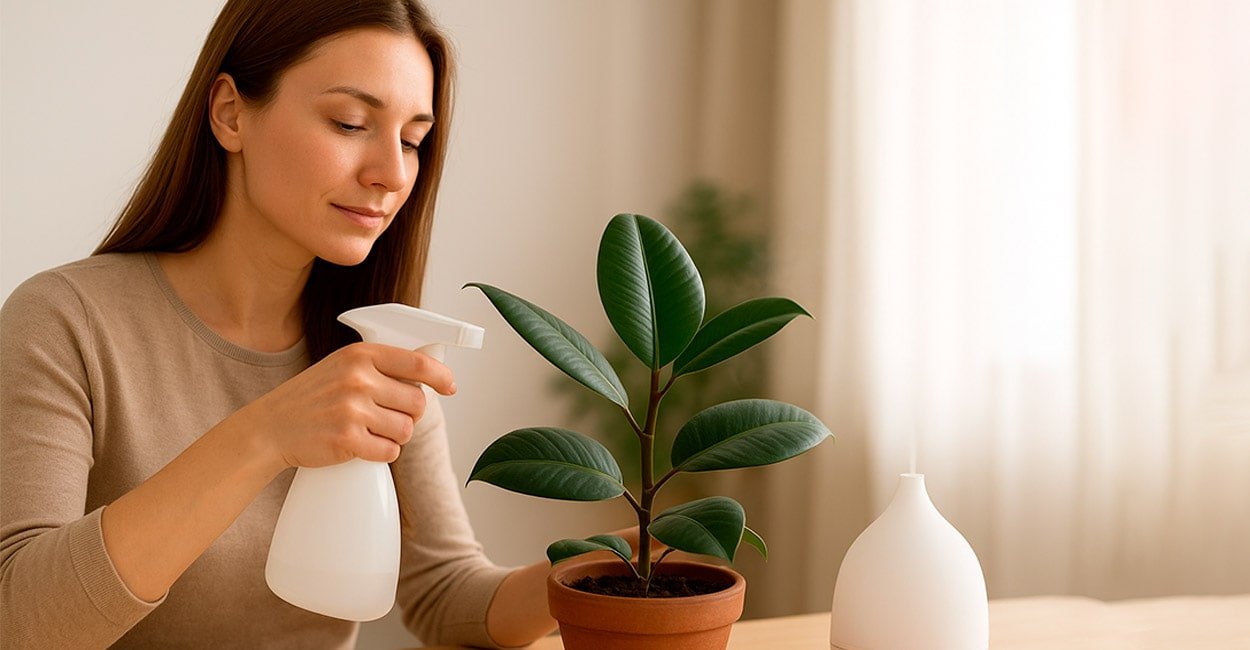 Mujer pulverizando un difusor de aroma mientras cuida una planta en el interior, ilustrando cómo mejorar la calidad del aire en el hogar de forma natural y saludable.