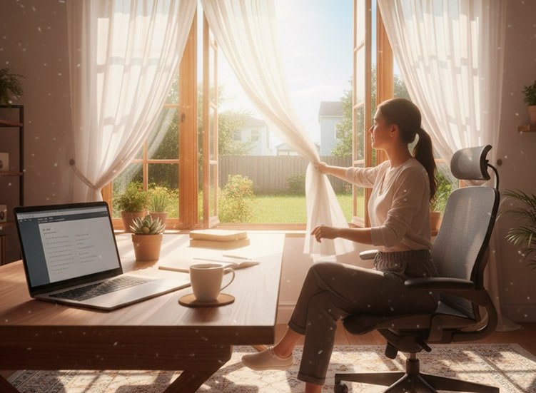 Una persona en su home office, por la mañana, abriendo la ventana para recibir la Luz natural para el bienestar.