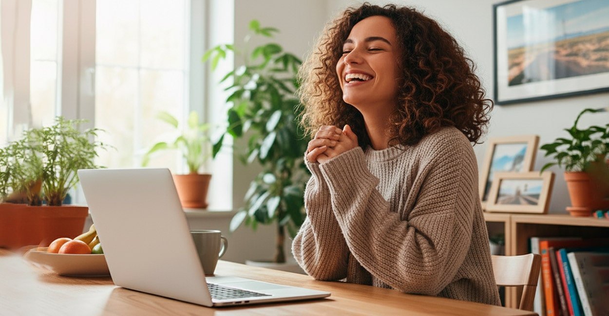 Young woman sitting in front of her laptop, happy for learning how to make extra income online.