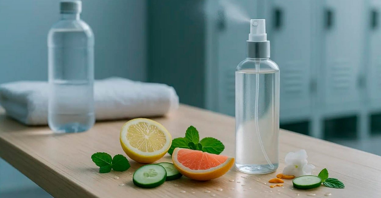 Body splash para academia sendo borrifado no vestiário.