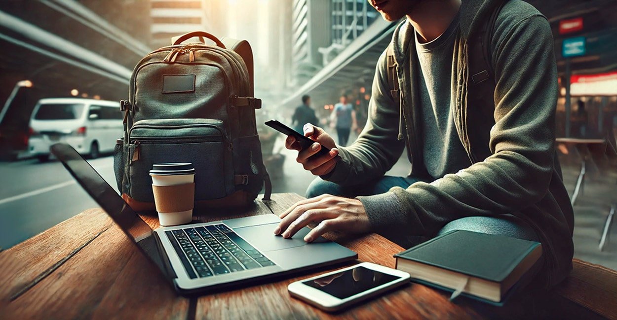 Person using a laptop and holding a phone next to an open backpack, feeling relaxed because they have electronic device insurance