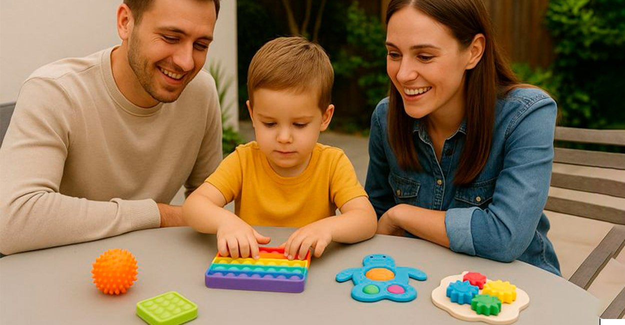Pais brincando com o filho enquanto ele usa brinquedos sensoriais educativos ao ar livre