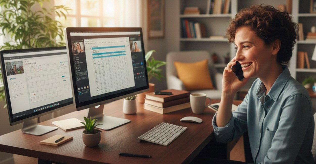 Person working from home on their own professionally in an organized home office