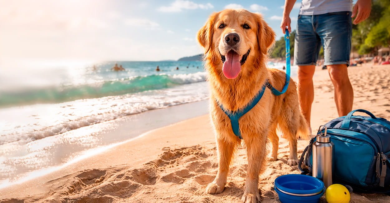 Cachorros na praia caminhando pela areia ao lado do tutor, em um dia ensolarado, representando cuidados e convivência responsável com cães no litoral.