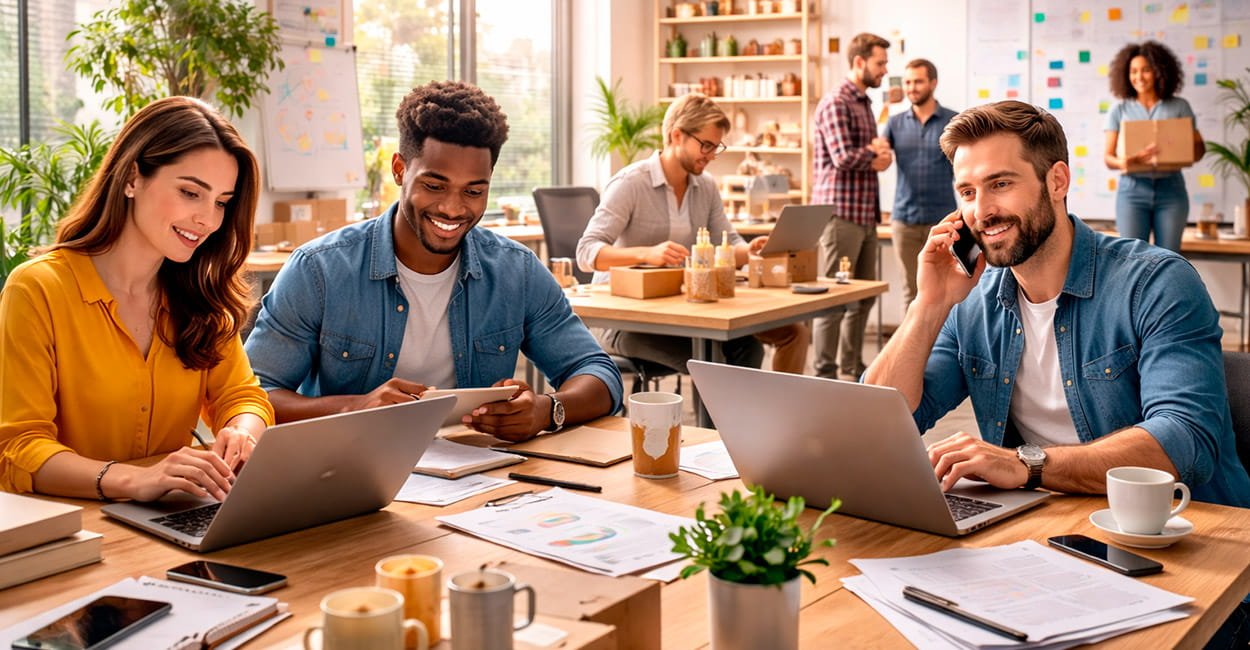 Professionals working in a modern environment representing professions and entrepreneurship as complementary paths in building careers and businesses