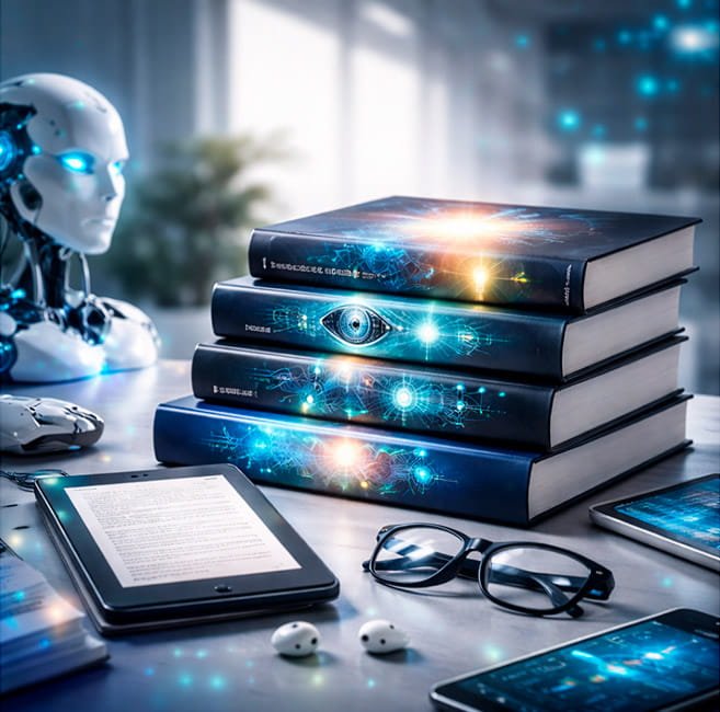 Imagen futurista de libros con robot de IA que remite a Tecnología & Novedades