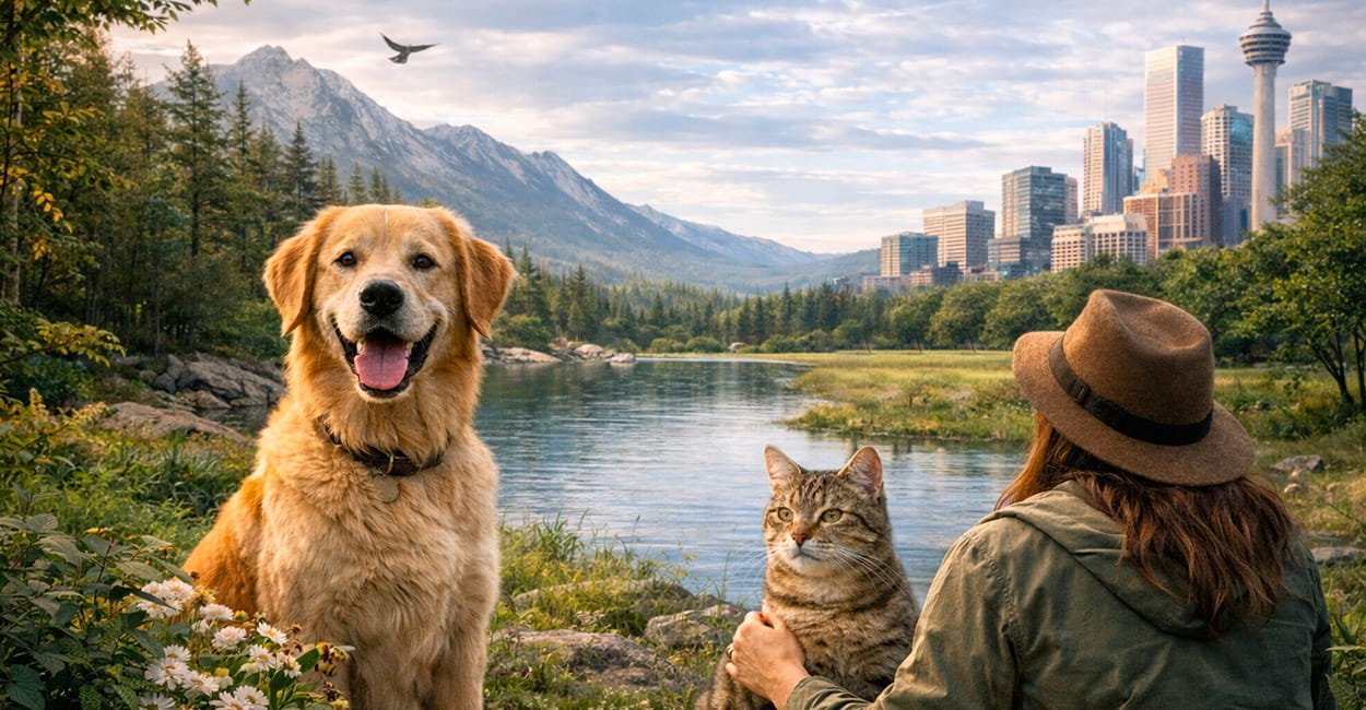 Person looking at a natural landscape with their pets, representing the pet’s and nature concept