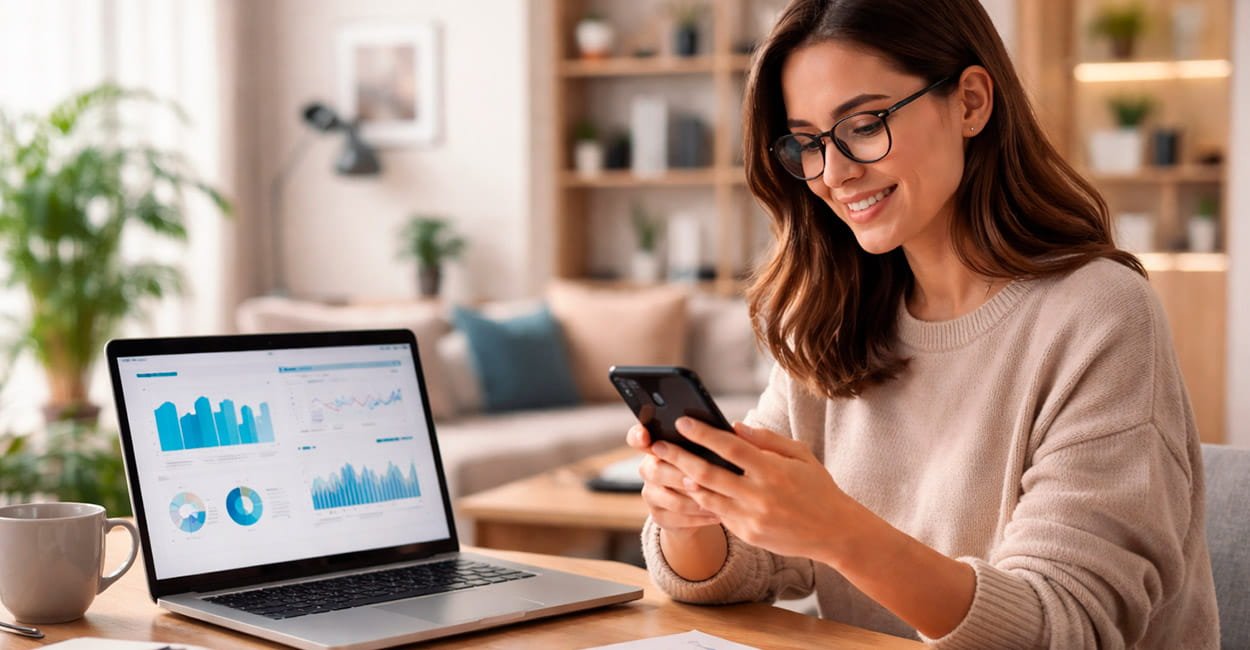 Woman using a laptop and smartphone in a home office representing Technologies and News in everyday life digital productivity and conscious use of technology