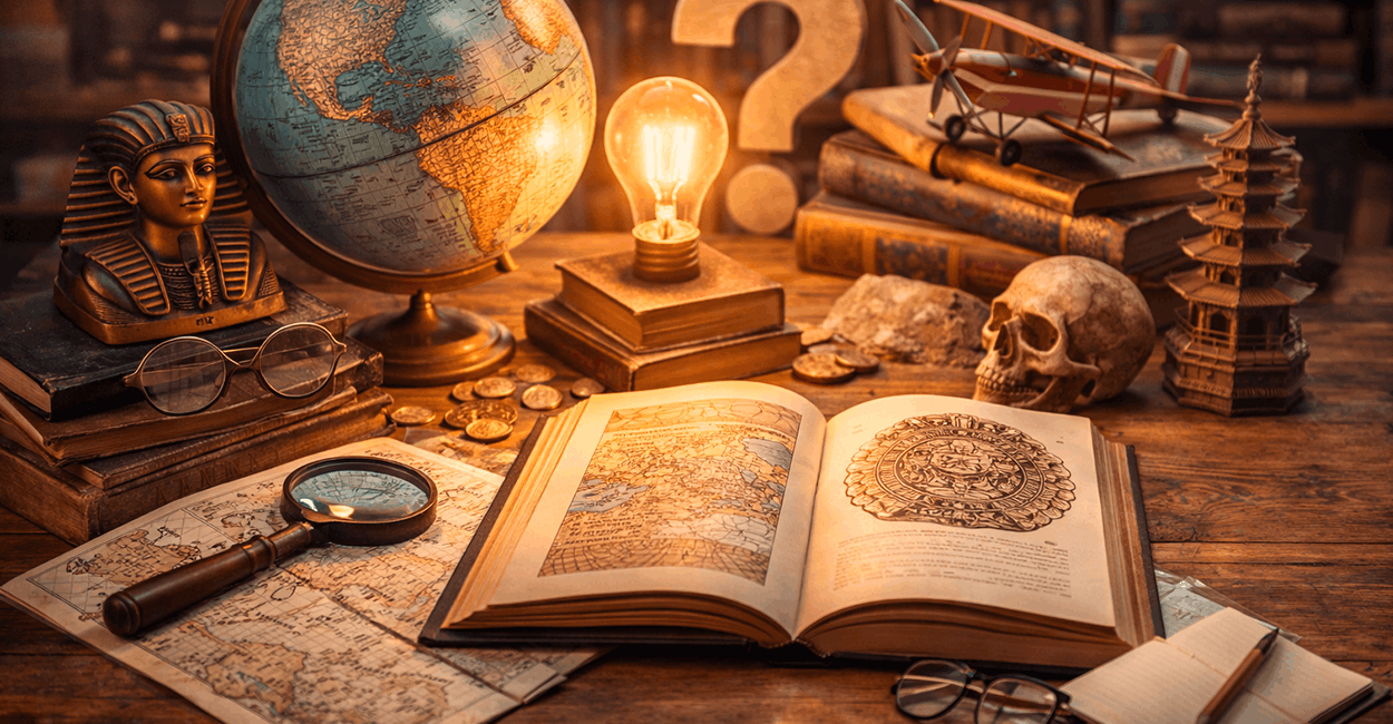 Elements that represent culture and curiosities, such as old books, a map, a globe and historical objects on a table, symbolizing knowledge and discovery