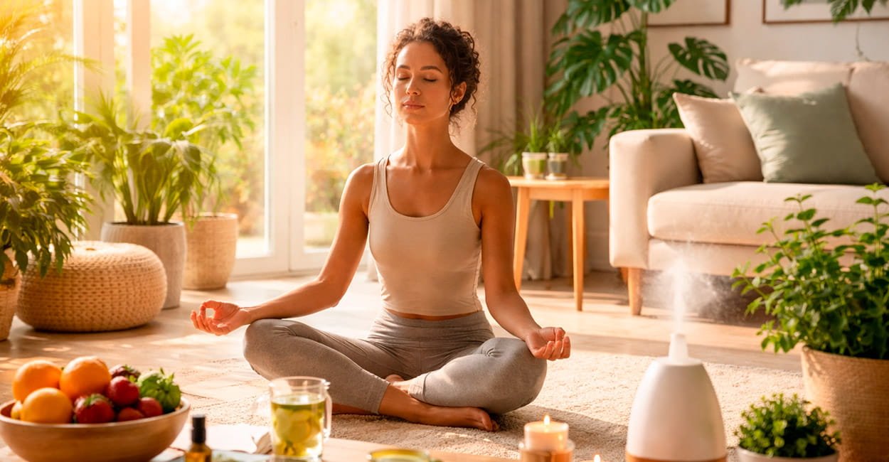 Mulher meditando em ambiente iluminado e tranquilo representando hábitos de saúde e bem-estar no dia a dia.