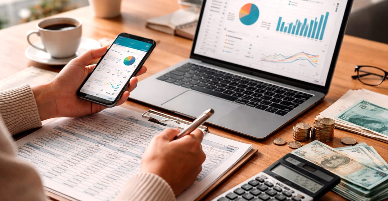 Pessoa organizando finanças e investimentos com notebook, planilhas e celular, representando controle financeiro, planejamento e crescimento do dinheiro.