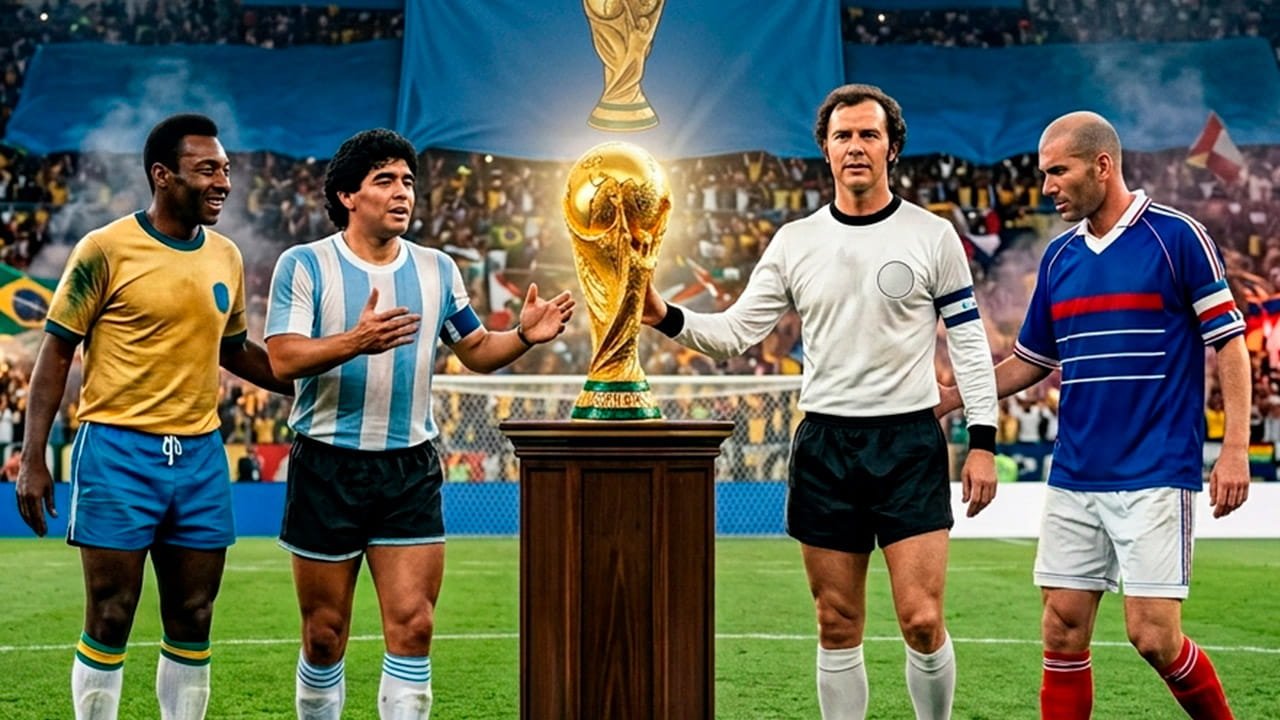 Copa del Mundo de Fútbol presentando el trofeo en el centro, con las leyendas Pelé, Maradona, Franz Beckenbauer y Zidane.
