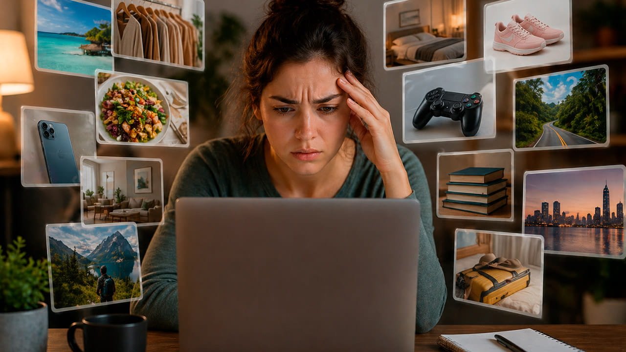 Mulher em frente ao notebook, com excesso de escolhas, causando fadiga de decisão