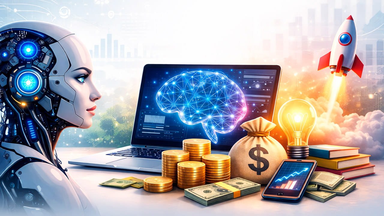 Robot futurista que representa cómo ganar dinero con inteligencia artificial