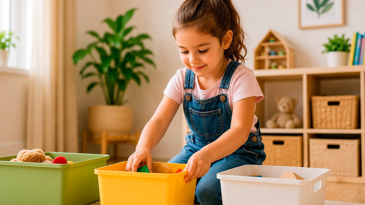 Criança organizando brinquedos sozinha para estimular a autonomia infantil em casa