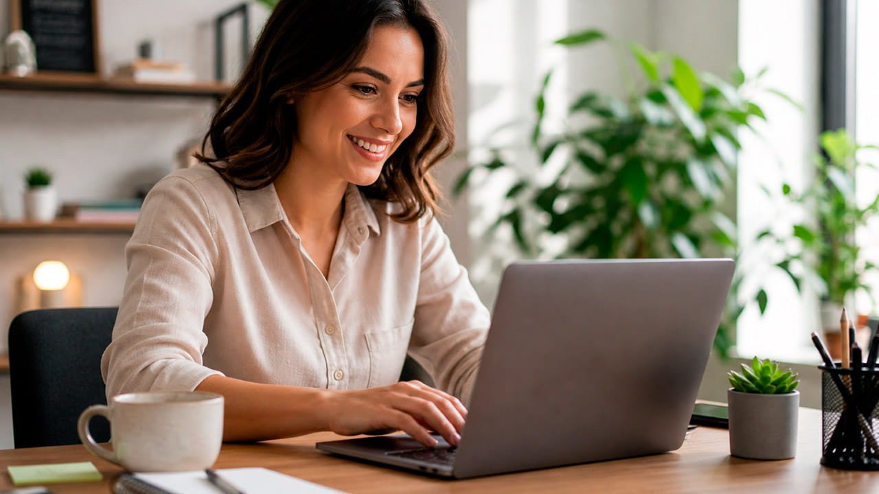 Happy woman after learning how to get local clients online while working on her laptop