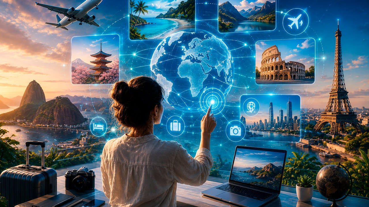 Mulher mostrando como planejar uma viagem com inteligência artificial