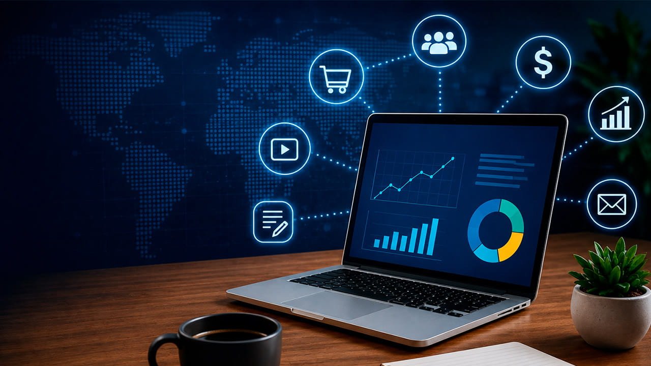 Notebook com elementos que representam negócios digitais, empreendedorismo online e crescimento de empresas na internet.