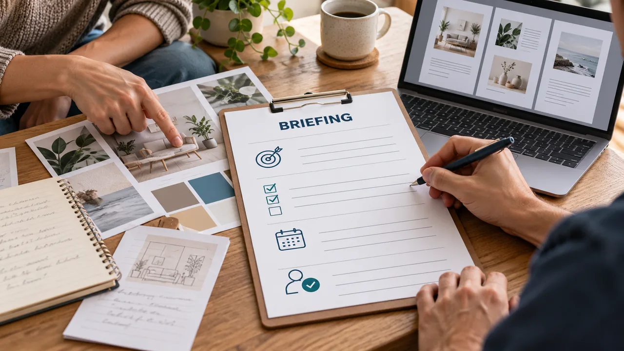 Duas pessoas preenchem um briefing com checklist, calendário e referências visuais sobre a mesa.