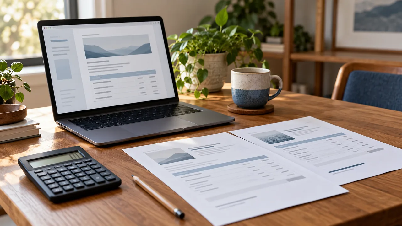 Notebook, calculadora e documentos sobre uma mesa para preparar um orçamento de prestação de serviços.
